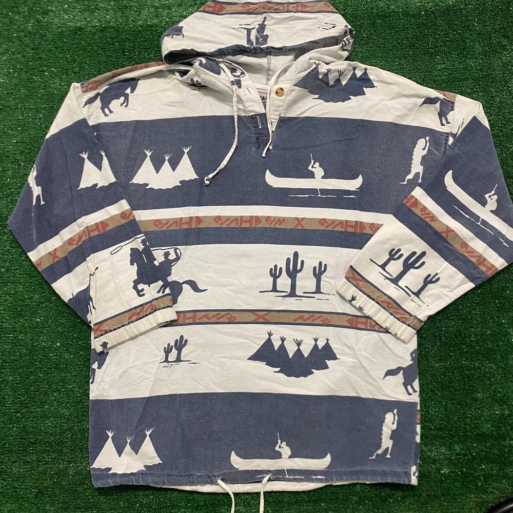 Vintage 90s Western Native American Anorak Hoodie Sweatshirt White M Cowboy